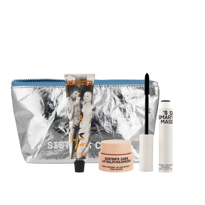 Sisters care bag blue, термотуш care mascara, бальзам для губ maximizer, крем для рук Sugar porn
